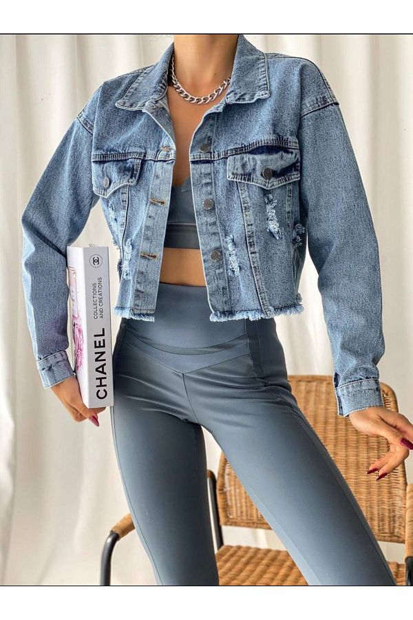 jons since 1997 Short Blue Denim Jacket Ripped and Bottom Tassel Women s Trendyol