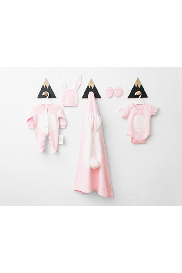 Minimus Yenidoğan Kız Bebek Takım Tavşan 5'li Ponponlu Hastane Çıkışı Pamuklu Bebek Tulum Zıbın Seti Pembe