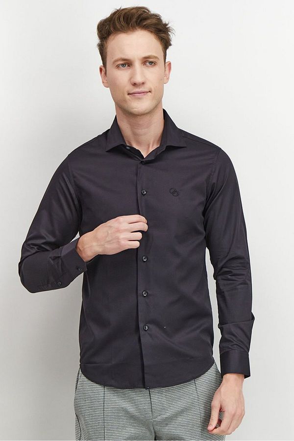 Cavalli Class-Men Slim Fit Long Sleeves Embroidered Dress Shirt, Black 1