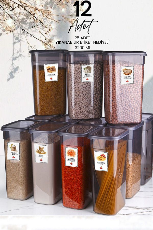 Kitchen Life-Set of 12 Mega Size Labeled Rectangular Food Storage Container 3200ml Tea Candy Storage Container 3.2 Liters 1