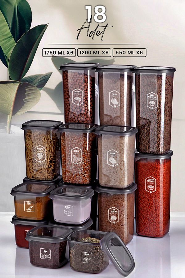 Kitchen Life-مجموعة حاويات تخزين الطعام المربعة المربعة المكونة من 18 قطعة × 6 (550 مل - 1200 مل - 1750 مل) جرة بغطاء صلب 1