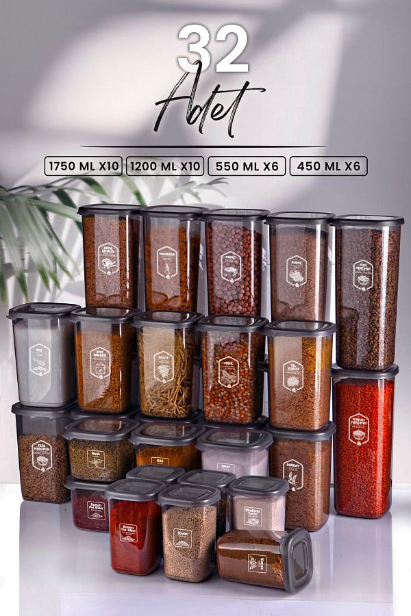 Kitchen Life-Modernity Square Food Storage Container Set of 32 with Labels (1750ml X10 - 1200ml X10 - 550ml X6 - 400 X6) 1