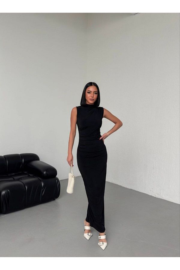 Esr Moda Women s Black Zero Sleeve Sandy Fabric Round Neck Long Maxi Length Slit Back Plain Casual Dress