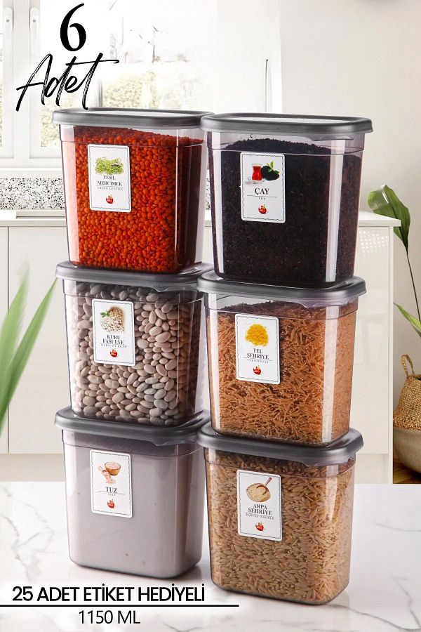 NESS HOME-Set of 6 Labeled Moly Rectangular Food Storage Containers 1150ml - Spice Rack 1