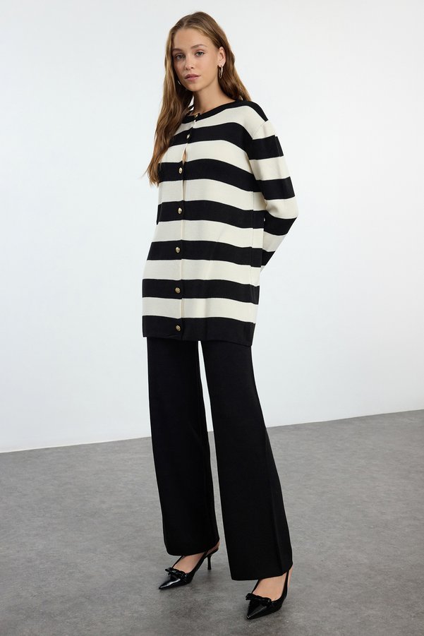 Trendyol Modest Black Striped Knitwear Cardigan Trousers Top-Down Set Tctaw25Us00034