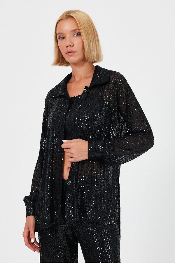 soBasic-Black Long Tunic Shirt with Sequins and Slits - L Size - Shimmering Long Sleeve 1