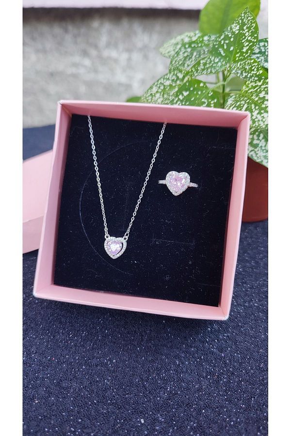 Sepetten Eve Pink Stone Steel Necklace and Pandora Ring Set