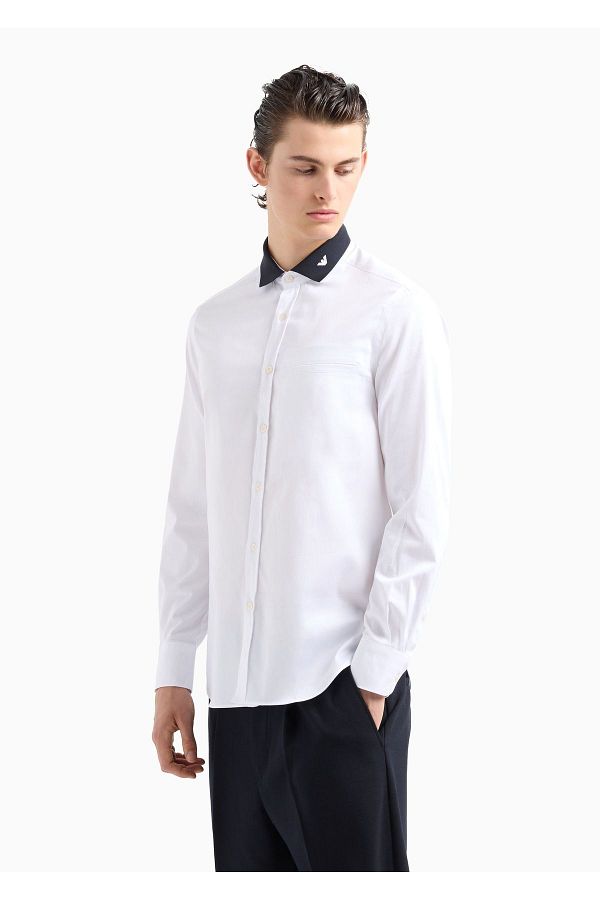 Emporio Armani-قميص أبيض - شعار العلامة التجارية للرجال، أزرار، ياقة القميص، كم طويل 6D1CM1 1K6DZ-0101 1