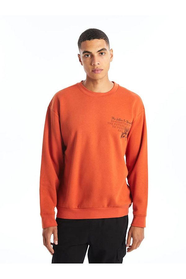 LC Waikiki Lcw Men s Sweatshirt Casual Burnt Orange Crew Neck Long Sleeve Printed Trendyol