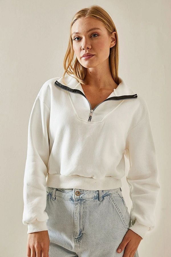 KL M L FE White Crop Sweatshirt Zipper Detailed Trendyol