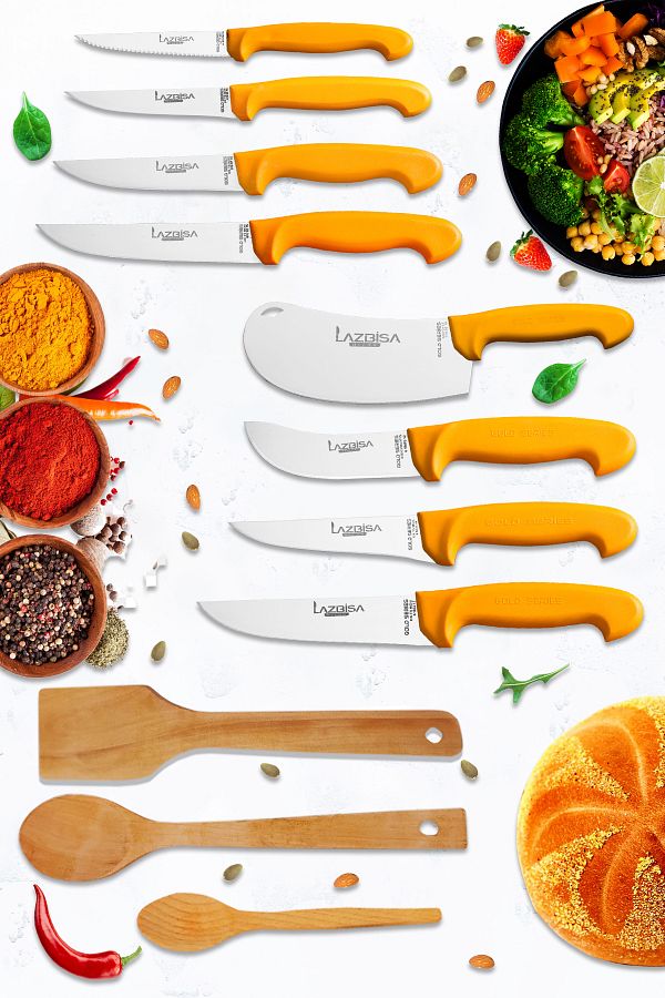 LAZBİSA-Gold Series Kitchen Knife Set - Pastry, Montessev and Wooden Spoon (11 Pieces) 1