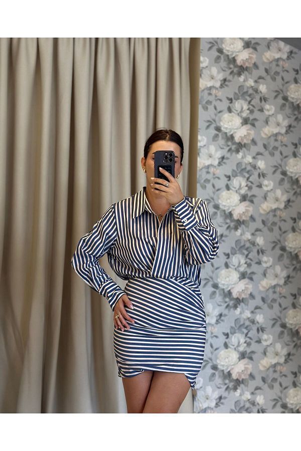 Pop Yellow Blue Striped Shirt Dress Trendyol