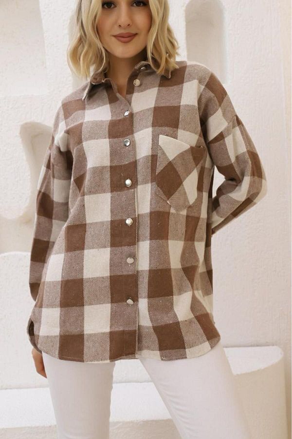 gnites Women s Brown Beige Single Pocket Thick Plaid Lumberjack Shirt Jacket Trendyol