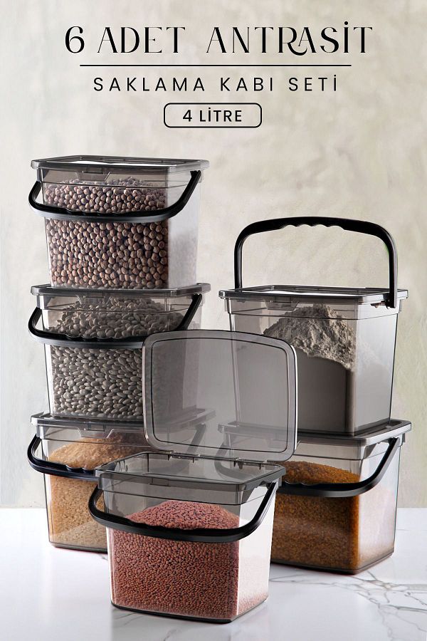 Kitchen Life-Mega Size 6-Piece Square Flour Palm Container (4 Liters) - Detergent Storage Box Container with Handle 6 Pieces 1