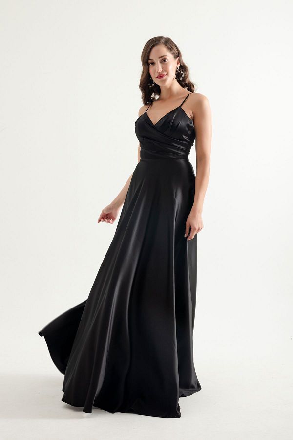 Lafaba Black Satin Strappy Long Women s Evening Dress Trendyol