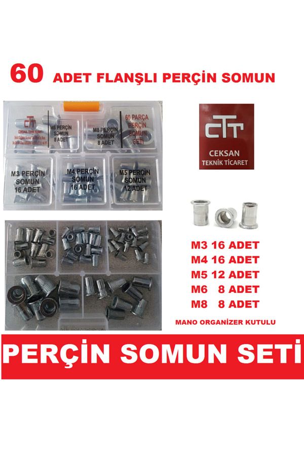 CEKSAN-60 Pieces Flanged Rivet Nut Set M3-M4-M5-M6-M8 1