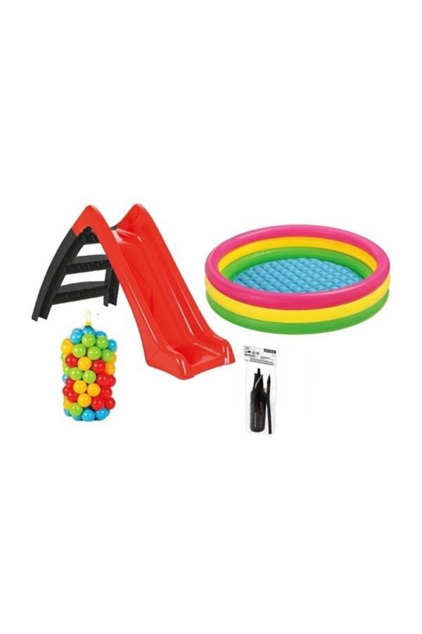 Vardem Kaydıraklı Oyun Seti (Sunset Havuz / 6 cm 100 ' lü Oyun Havuz Topu / Pompa / Kaydırak)
