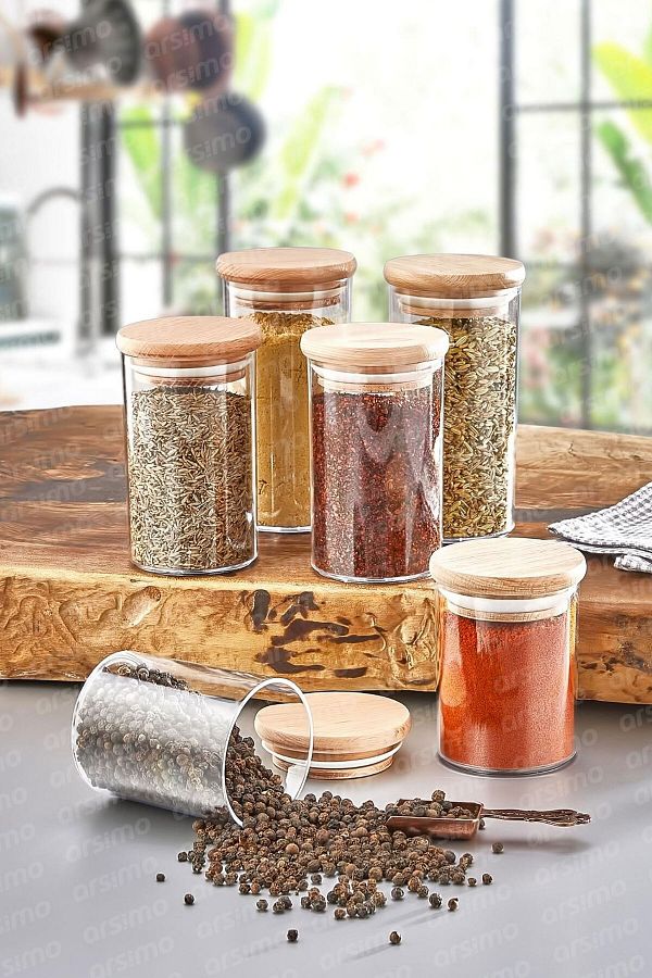Arsimo 12 Pieces Wooden Vacuum Lid Crystal Spice Rack Storage Container Set 12 Piece Spice Jar Set Trendyol