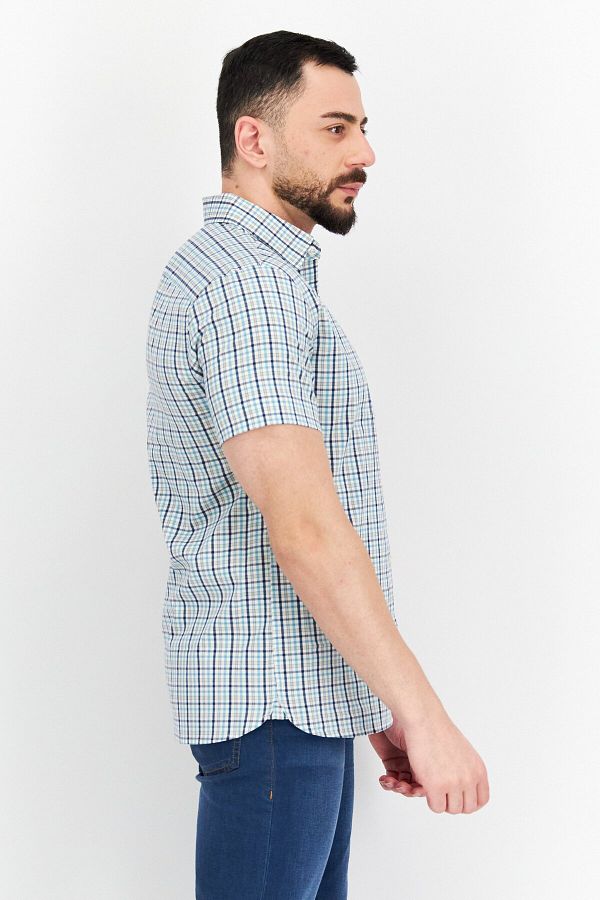 Savane Men Stretch Short Sleeve Checkered Casual Shirts Green Combo Trendyol