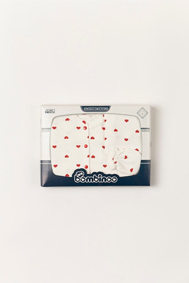 webombinoo 5 Parça Yeni Doğan Zıbın Set Hastane Cıkışı Fitilli Ekru Kumaşa Kırmızı Kalpli Kutulu