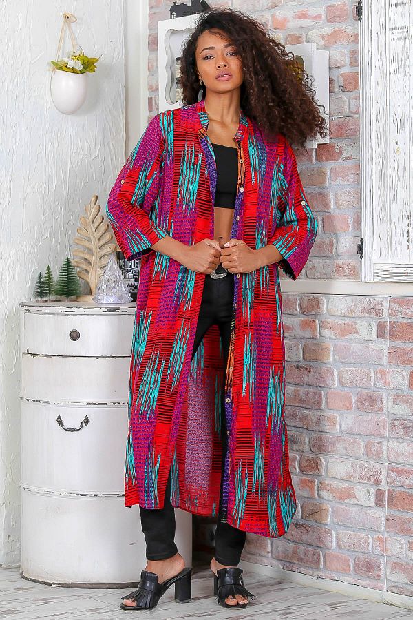 Chiccy-Lange, gewebte Jacke mit roten Streifen und Knopfleiste, verstellbaren Ärmeln und Taschen für Damen M10210100CE98809 1