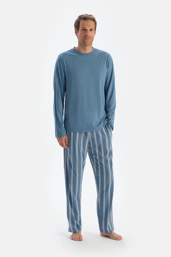 Dagi-Blaues Langarm-T-Shirt- und Hosen-Pyjama-Set – Rundhalsausschnitt 1