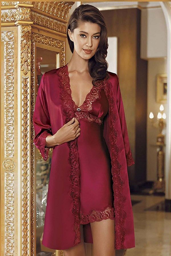gd goldoremi 4005 Women s Satin Fancy 2 Piece Nightgown and Dressing Gown Set Trendyol