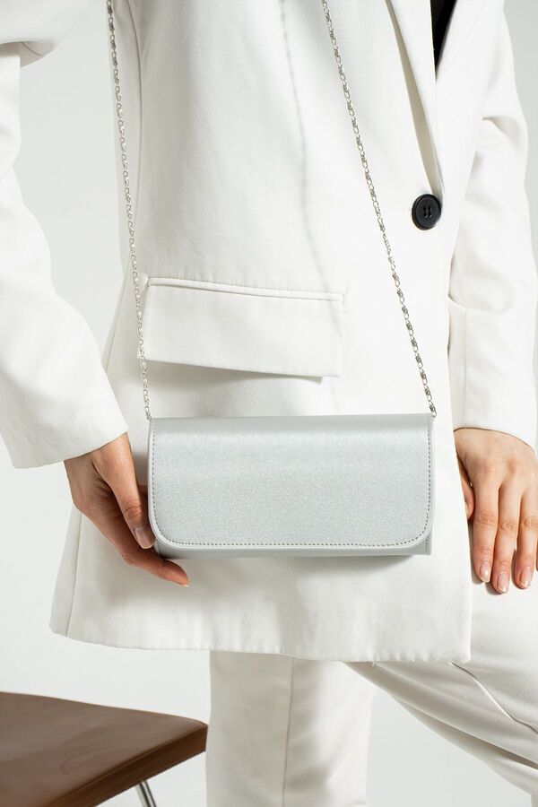 bibags Gümüş Saten Abiye Çanta Portföy Çanta Clutch Çanta Satendüzz