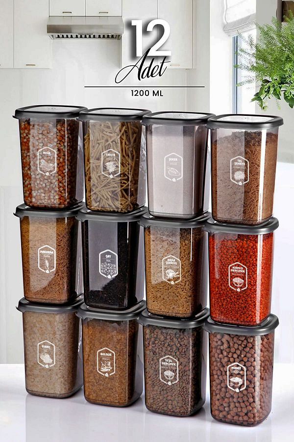 Kitchen Life-12 Pieces Large Size Boly Square Storage Container Set with Label 1.2lt Anthracite Food Jar Set 1200 ml 1