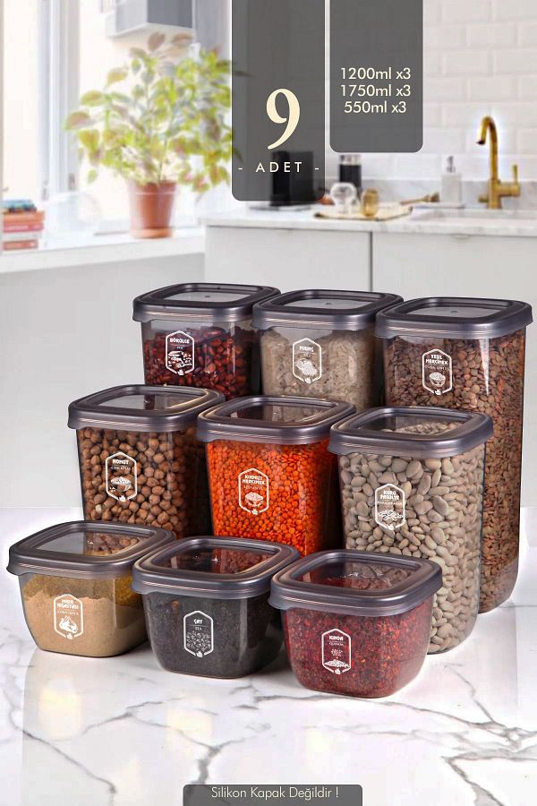 Kitchen Life-Set of 9 Square Square Food Storage Container with Label X3(550ML-1200ML-1750ML) Jar with Hard Lid 1