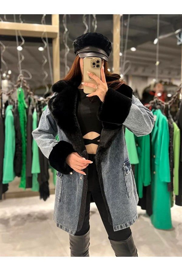 Long denim coat with fur hotsell
