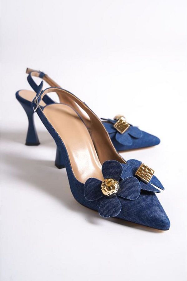 Gokhan Talay Chiara Navy Blue Floral Patterned Mid Heeled Shoes 8 CM Trendyol