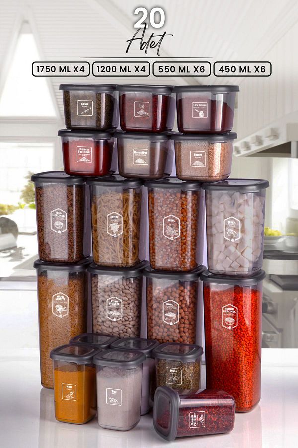 Kitchen Life-20-Piece Labeled Square Storage Container Food Container Set 4x (1750ml 4x - 1200ml 4x - 550ml X6 - 450ml 6x) 1