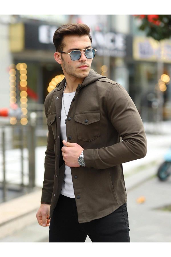 Pobudo Khaki Color Hooded Denim Jacket Trendyol