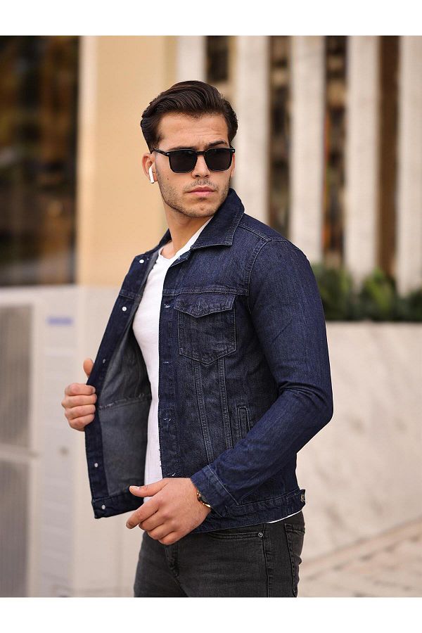 Pobudo Navy Blue Buttoned Denim Jacket Trendyol