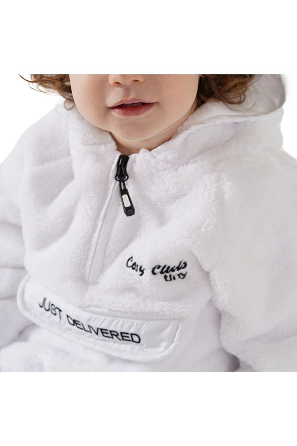 Cosy Club Shop White Half Zip Wellsoft Soft Fleece Sweater for Baby Girl Warm Breathable Hooded Trendyol