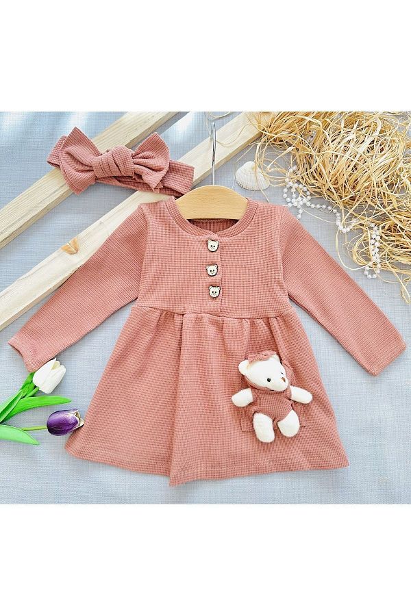 Egelite Baby Girl Medium Thick Winter Birthday Dress with Teddy Bear Accessory and Bonnet Trendyol