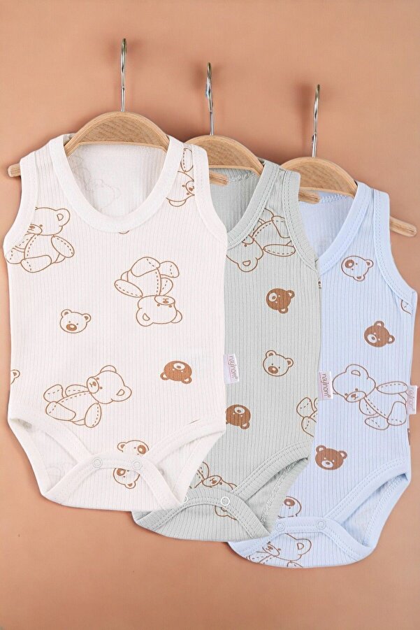 Egelite KKIZ BEBEK ÇİÇEK BASKILI 3'LÜ FİTİLLİ ÇITÇITLI SIFIR KOL ATLET BODY 0-3 YAŞ %100 NATURAL PAMUK