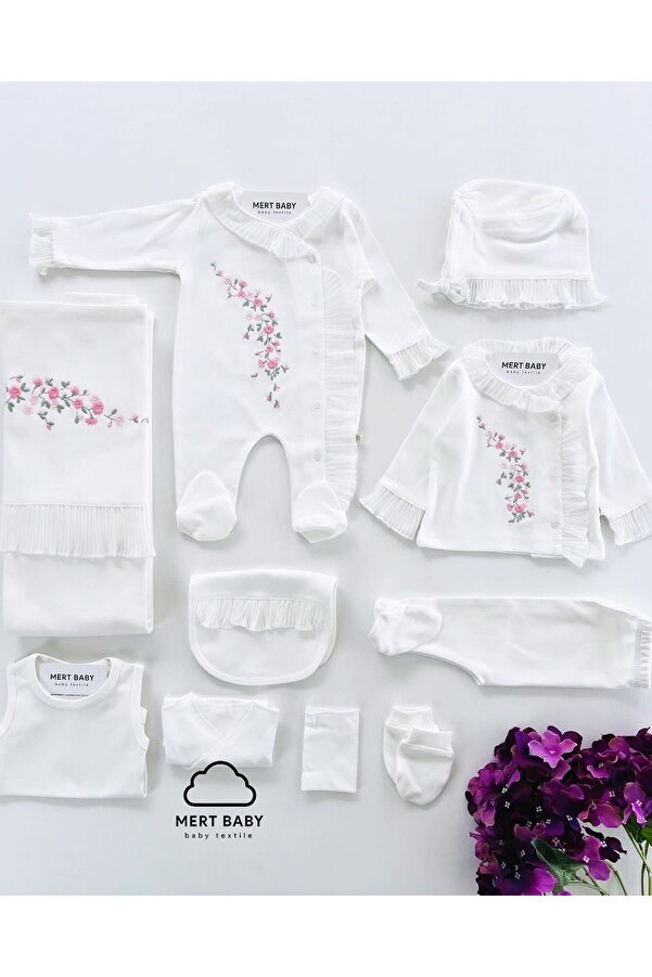 Mert Baby Çiçek Nakışlı Dantelli 10'lu Organik Hastane Çıkış Seti %100 Pamuk Yenidoğan Kız Bebek