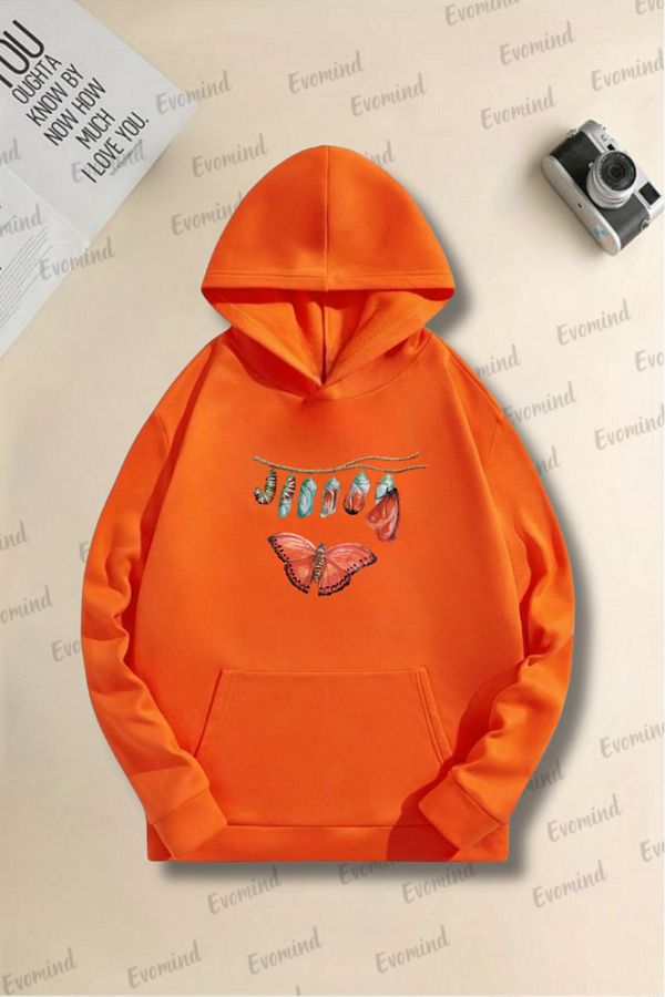 Evomind Unisex Oversize Hooded Adult and Kids Sweatshirt Caterpillar Butterfly Design Trendyol
