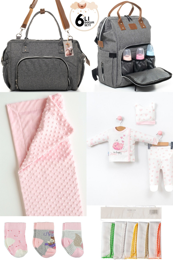 Genel Markalar 6’LI BEBEK DOĞUM SETİ(HASTANE ÇIKIŞ,ANNE&BEBEK BAKIM OMUZ VE SIRT ÇANTASI,BATTANİYE,ÇORAP VE MENDİL)