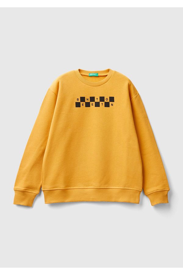 United Colors of Benetton Boy s Mustard Slogan Printed Color Block Sweatshirt Mustard Yellow Trendyol