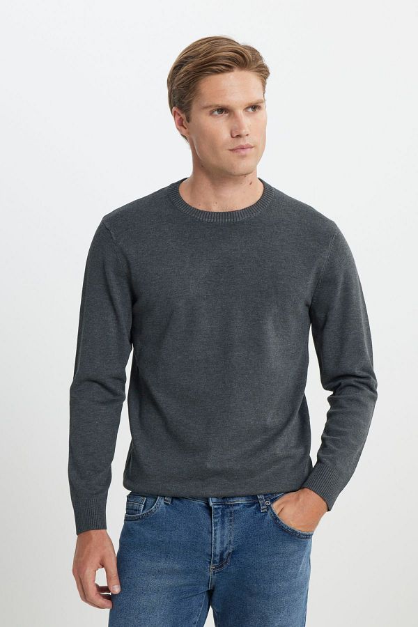 ALTINYILDIZ CLASSICS-Men's Anthracite-Melange Standard Fit Regular Cut Crew Neck Knitwear Sweater 1