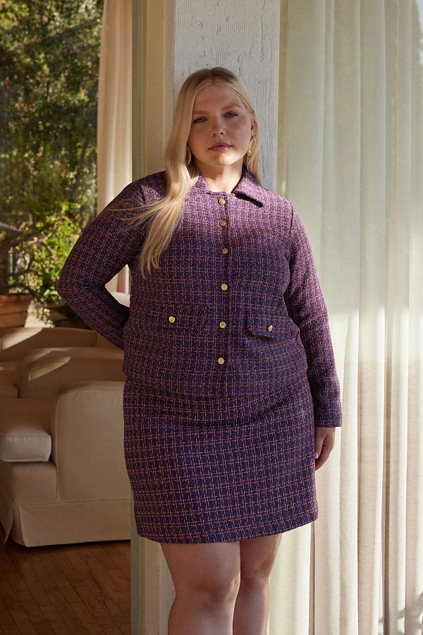 Trendyol Curve-Purple Buttoned Plaid/Checkered Tweed Woven Large Size Women's Jacket 1