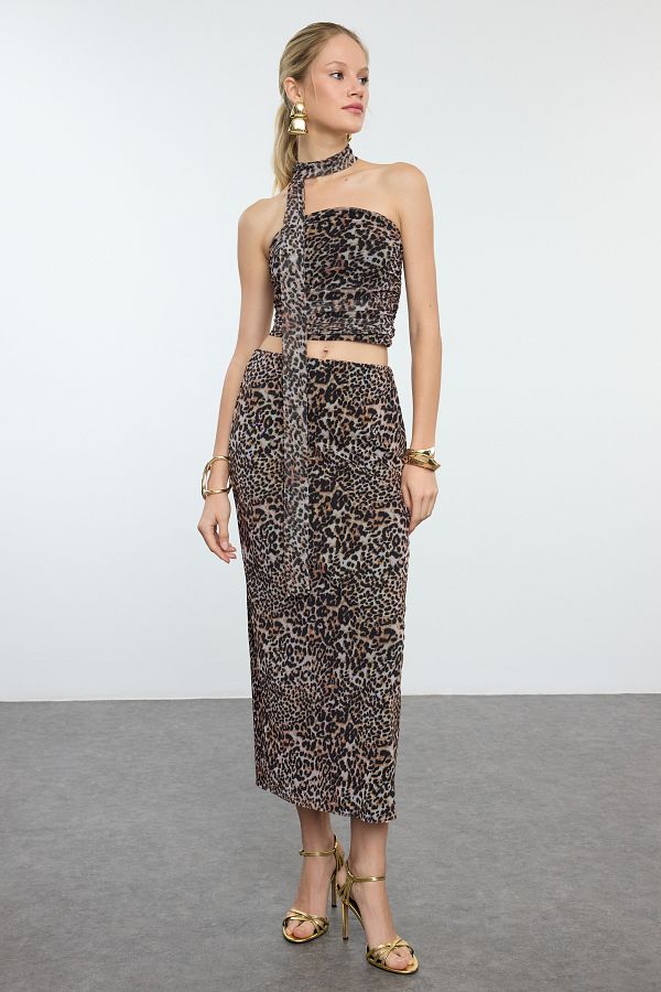Trendyol Collection-Multicolor Leopard Print Body-Fitting Tulle Knitted Midi Skirt Tpraw25Et00003 1