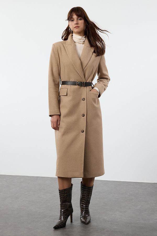 Trendyol Collection-Дълго палто от норка с мека текстура - с колан и шевове Twoaw25kb00094 1