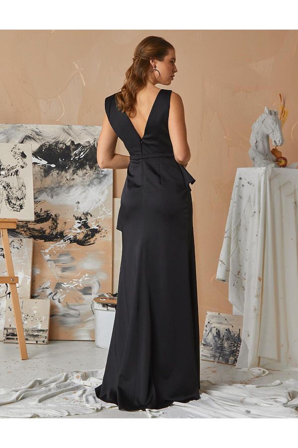 Kayra Black Peplum Evening Dress Slit Detail Trendyol
