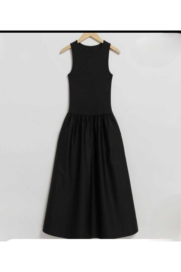 morche Women's Combined A-Line Maxi Black Linen Skirt Flared Dress