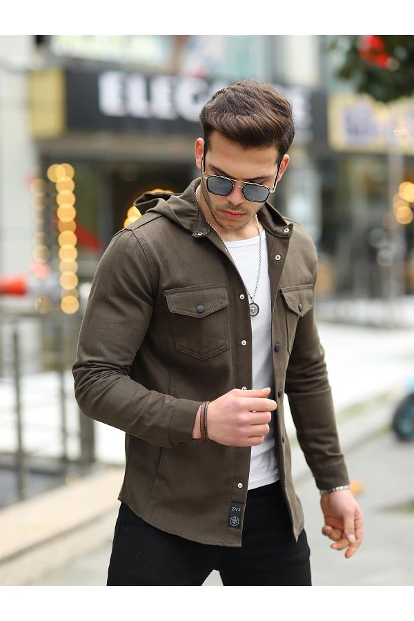 Pobudo Khaki Color Hooded Denim Jacket Trendyol