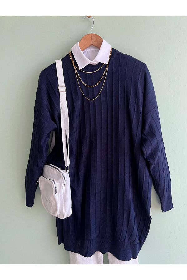 hepsi moda Navy Blue Oversize Vertical Striped Tunic Sweater 038 Trendyol
